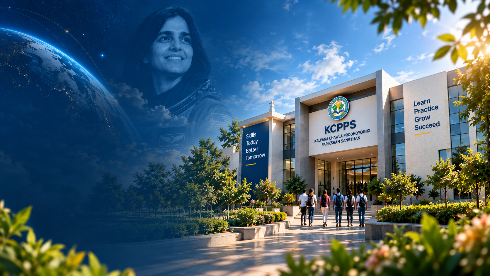 Illustrated KCPPS institute with students, space and Kalpana Chawla