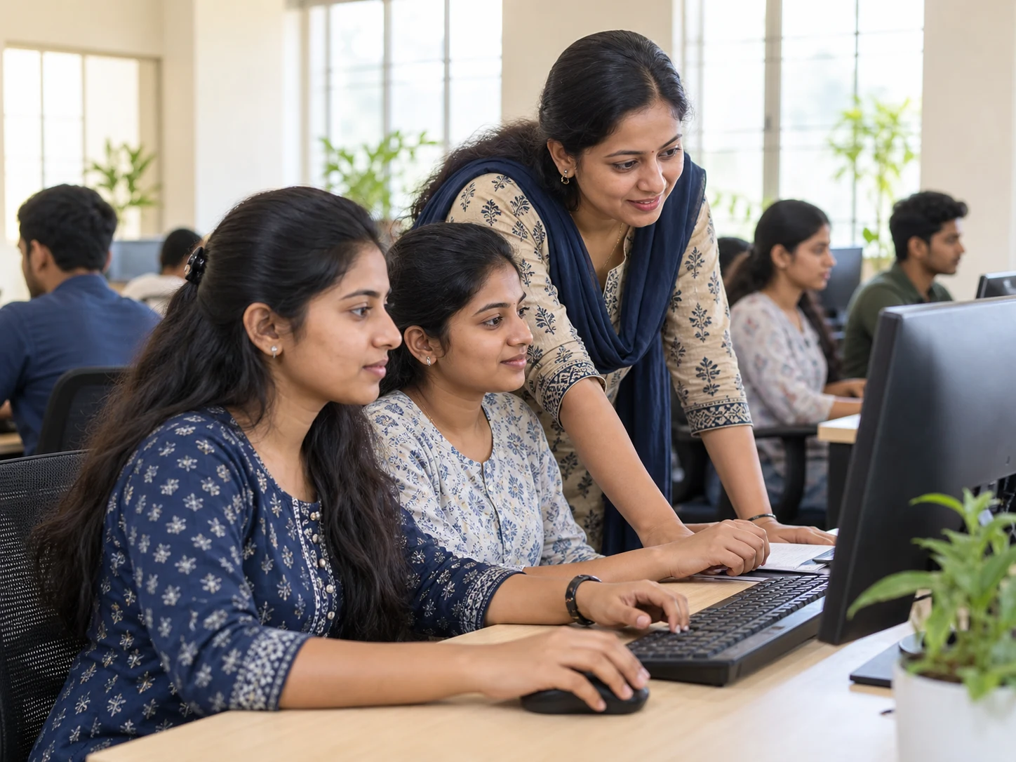 Illustrative scene of guided learning in a computer classroom